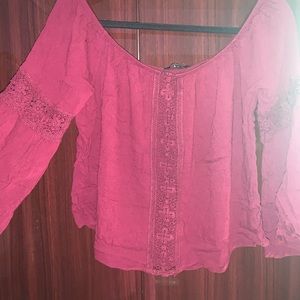 Off the shoulder burgundy bell sleeve top, w/ Lace